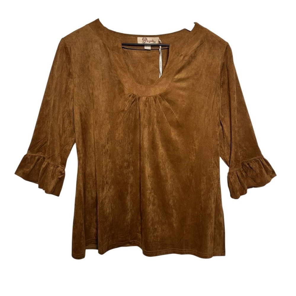 Aryeh Women Faux Suede Keyhole Tunic Top 3/4 Ruffle Sleeve Camel Sz Large Blouse